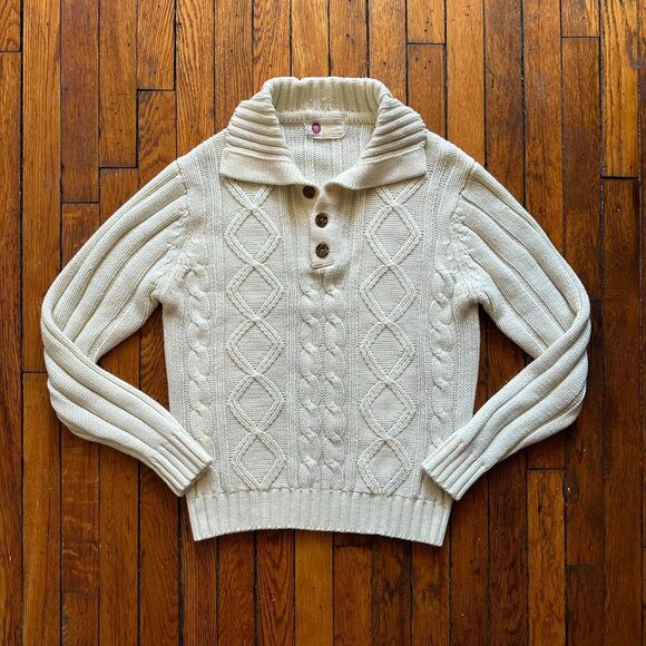 Vintage 70s Kings Road 1/4 Button Cable Knit Collared Sweater Women Large‎ Cream - Picture 1 of 6